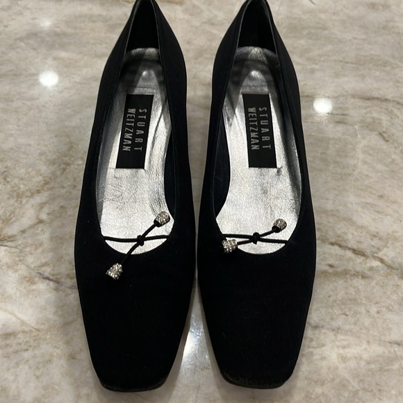 VINTAGE Stuart Weitzman | Square Toe Block Heels | Black Fabric | 7 Narrow - Picture 1 of 10